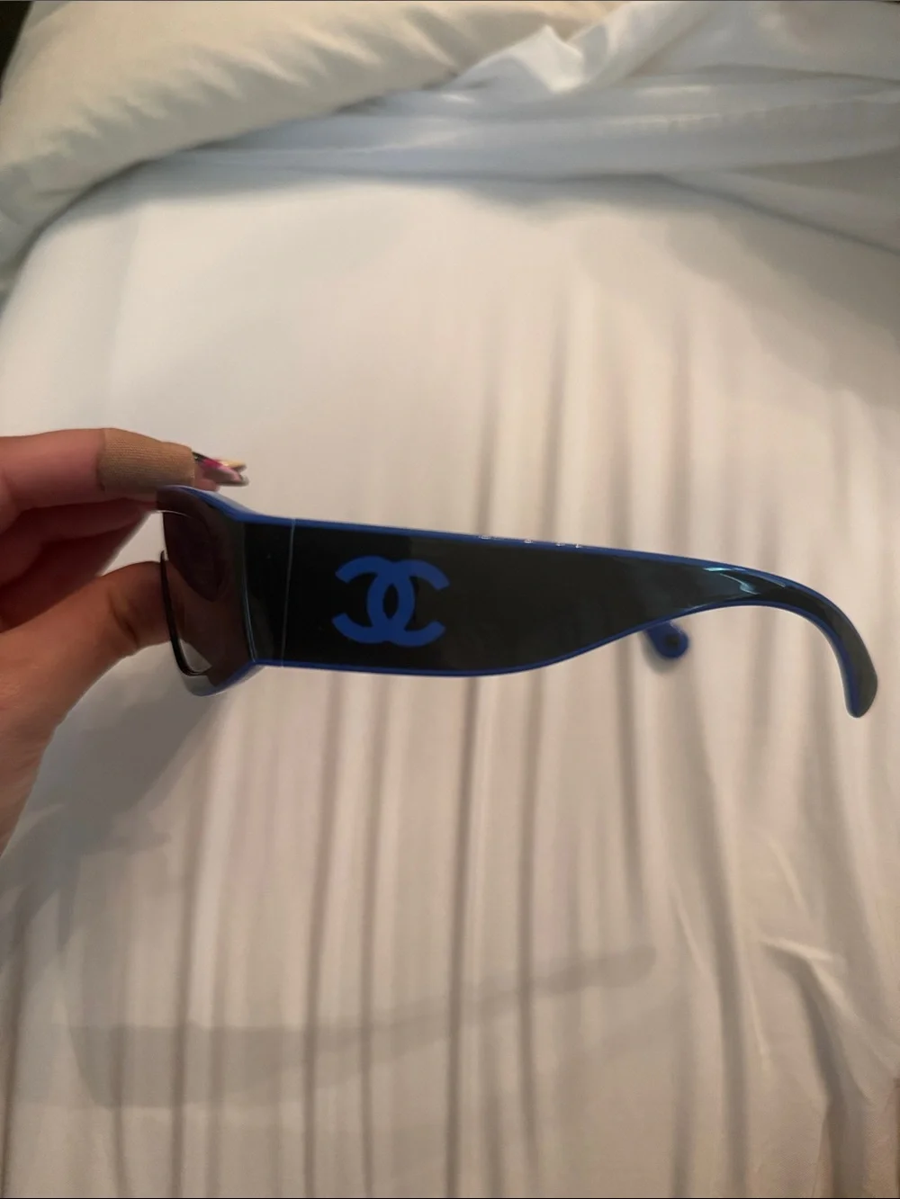 CHANEL Black and Blue Shield Sunglasses with Logo Temples